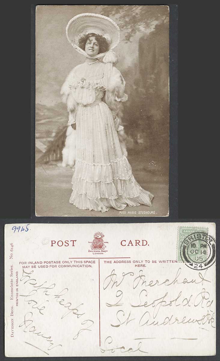 Actress Miss MARIE STUDHOLME Glamour Lady Large Hat 1905 Old Real Photo Postcard