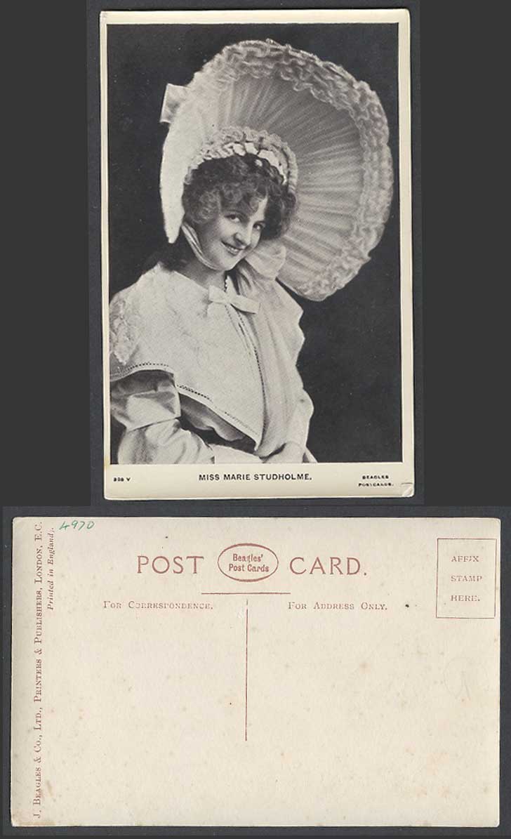 Actress Miss MARIE STUDHOLME wearing a Large Hat & Smile Old Real Photo Postcard