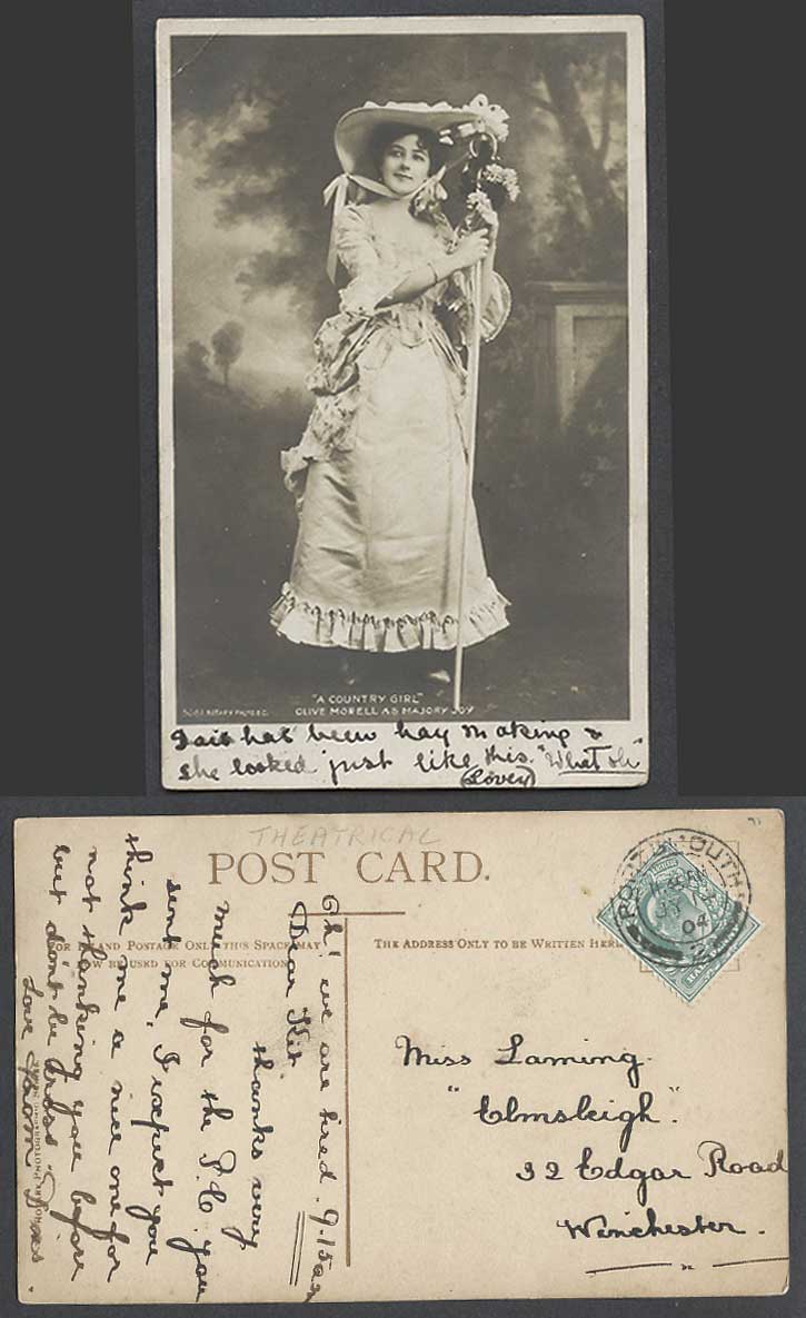 Actress OLIVE MORELL as Majory Joy, A Country Girl 1904 Old Real Photo Postcard