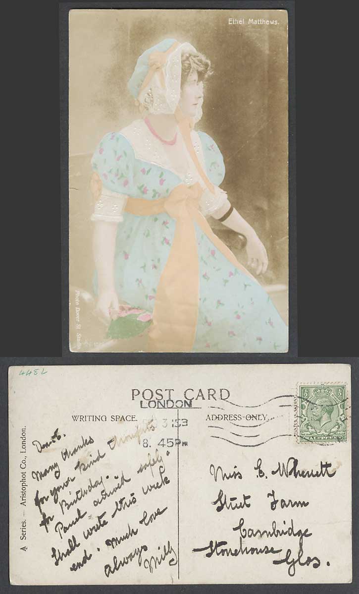 Actress Miss Ethel Mathews Matthews and Fan Old Real Photo Postcard Hand-Painted