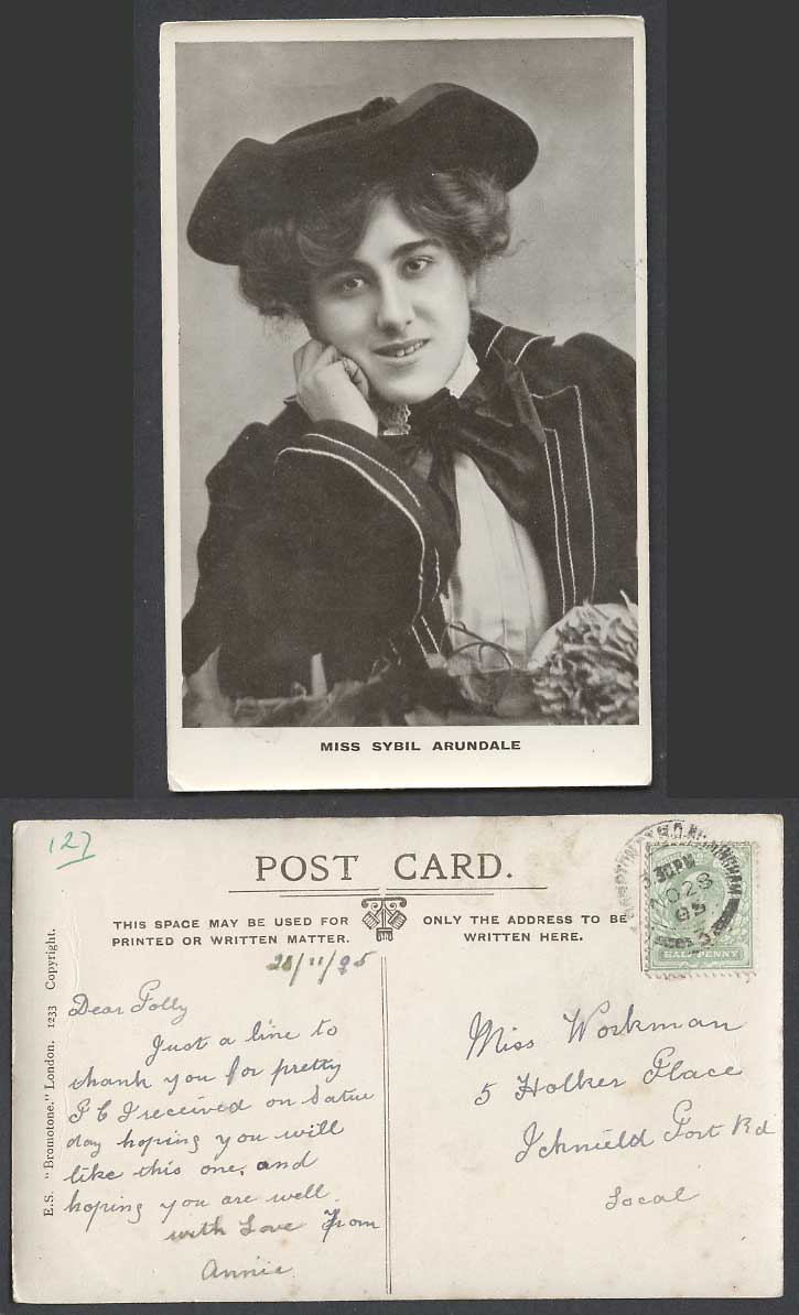 Edwardian Actress Miss SYBIL ARUNDALE Hat 1905 Old Real Photo Postcard Bromotone
