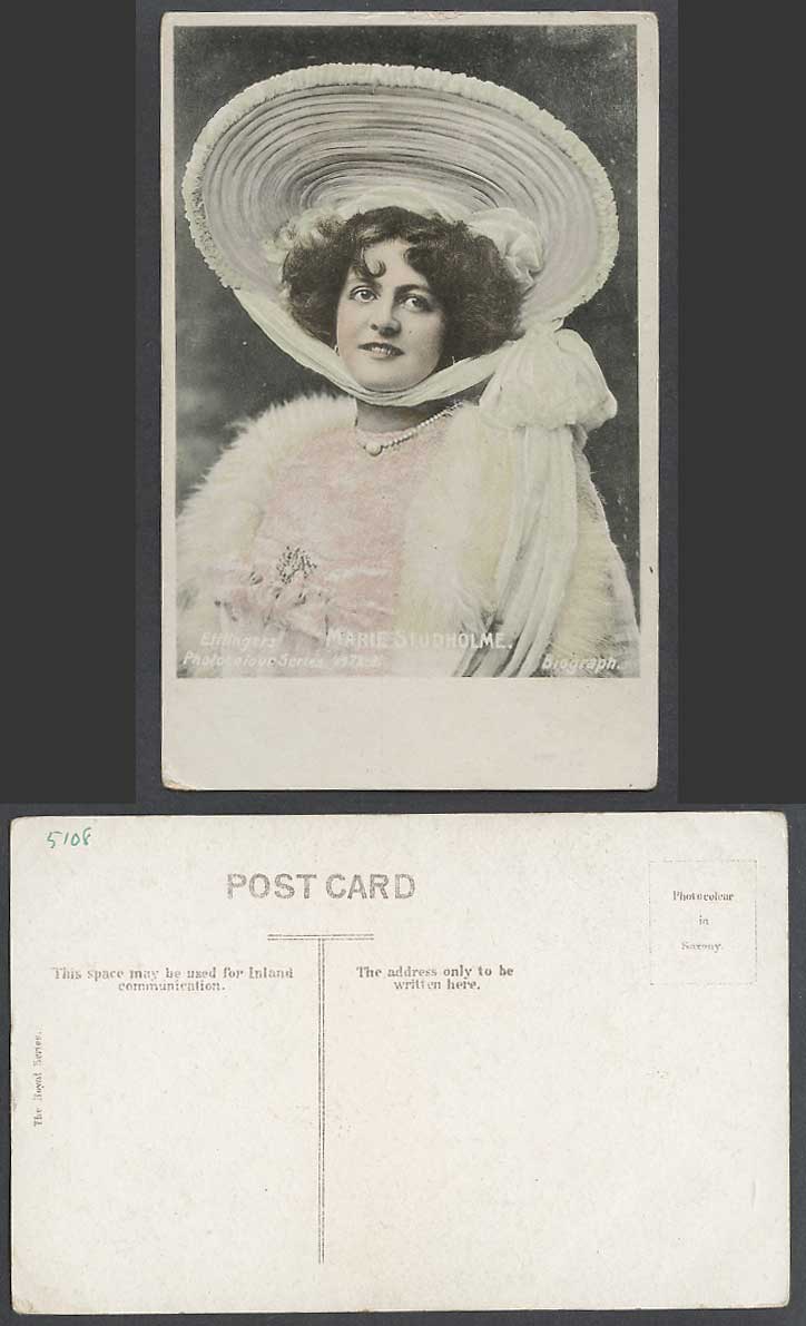 Actress Miss MARIE STUDHOLME wearing Big Large Hat, Necklace Old Colour Postcard