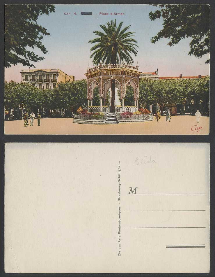 Algeria Old Colour Postcard BLIDA Kiosque Place d'Armes Square, Palm Tree Street