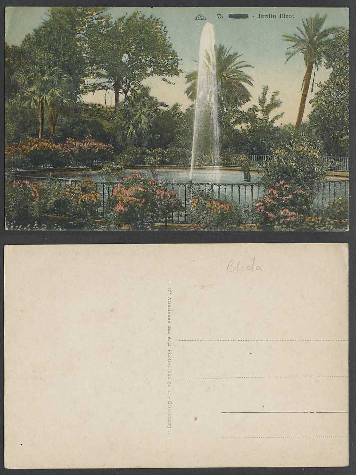 Algeria Old Colour Postcard BLIDA Jardin Bizot Garden Fountain Palm Tree Flowers