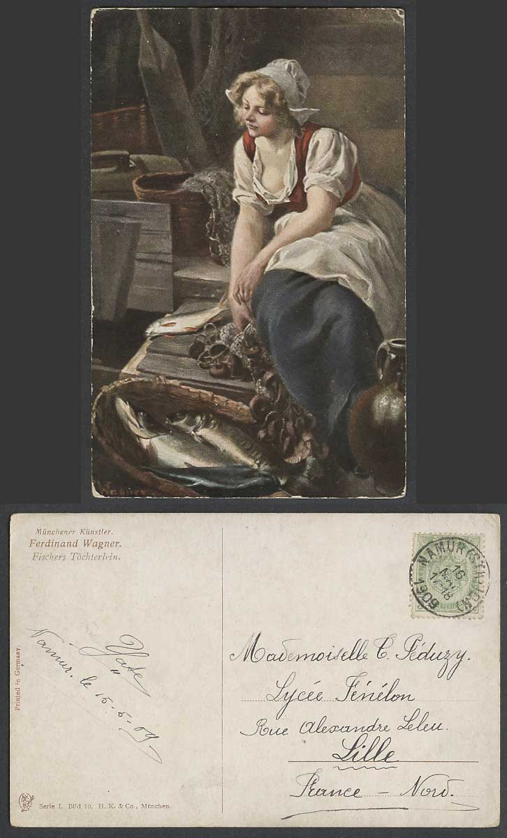 Fish Fisher's Daughter Ferdinand Wagner, Fischers Toechterlein 1909 Old Postcard