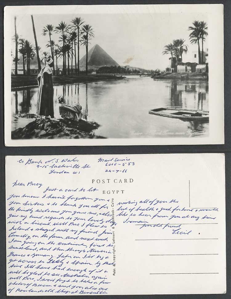 Egypt 1953 Old Real Photo Postcard Cairo FLOOD TIME nr. PYRAMIDS GIZA Boat Palms