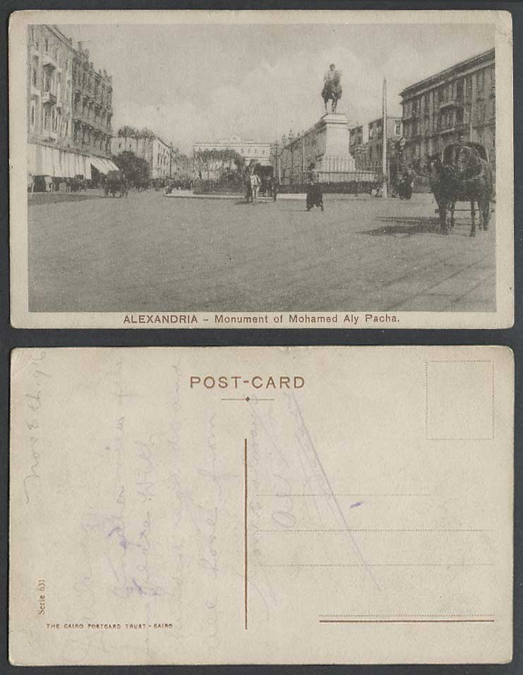 Egypt 1916 Old Postcard Alexandria, Monument of Mohamed Aly Pacha & Horse Statue