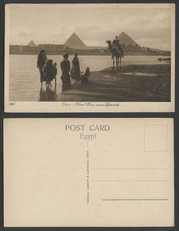 Egypt Old Postcard Cairo FLOOD TIME Pyramids Giza Camel Rider Children & Pitcher