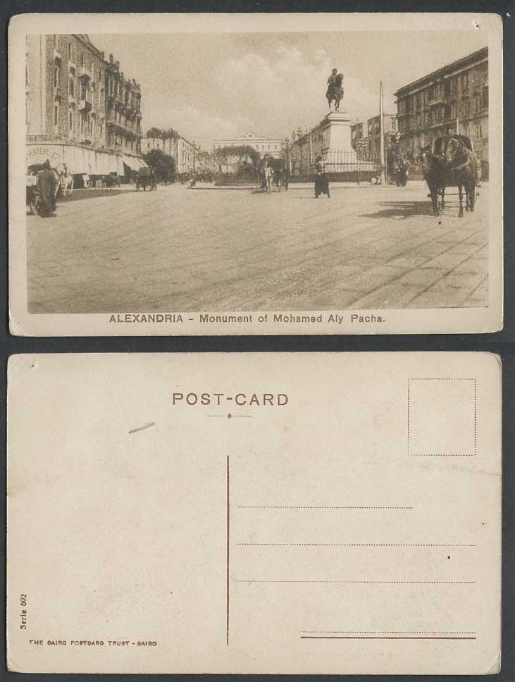 Egypt Old Postcard Alexandria Monument of Mohamed Aly Pacha Horse Statue & Carts