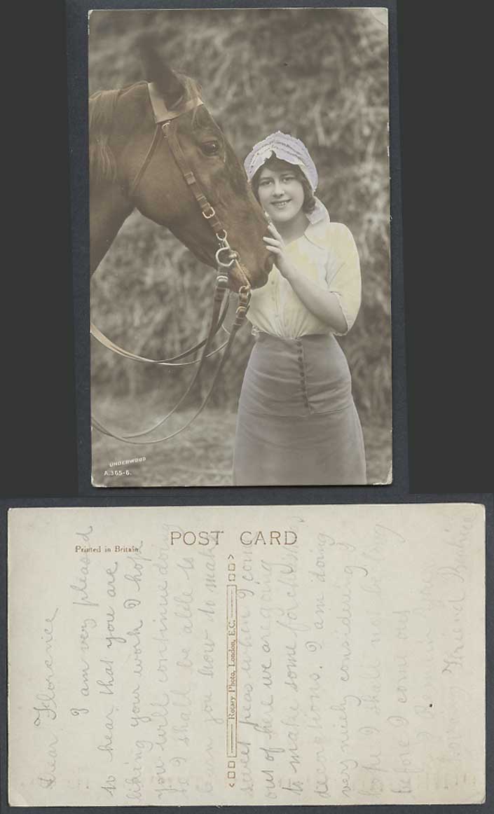 Beautiful Horse & Glamour Lady Woman Girl Old Hand Tinted Real Photo Postcard RP