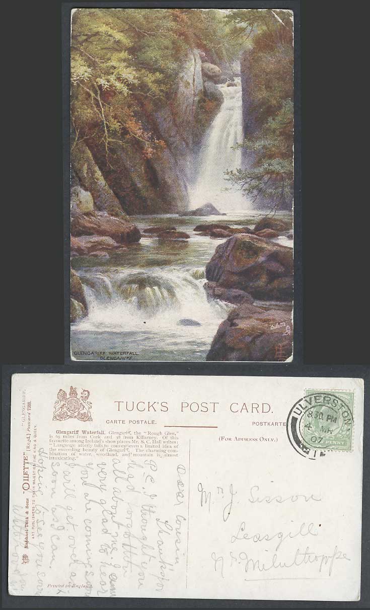 Ireland Co Cork 1907 Old Tuck's Oilette Postcard Glengariff Waterfall Rough Glen