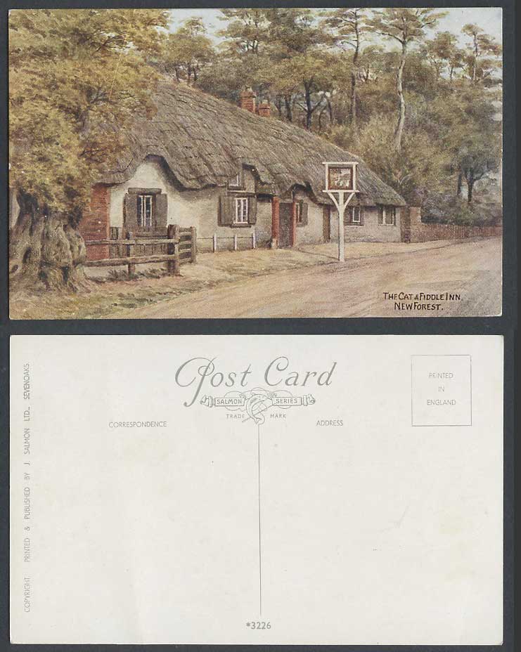 New Forest Cat & Fiddle Inn Hotel Thatched Cottage Street Scene Old ART Postcard