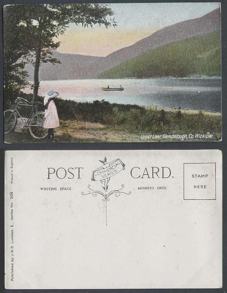 Ireland Old Colour Postcard Upper Lake Glendalough Co. Wicklow Bicycle Girl Boat