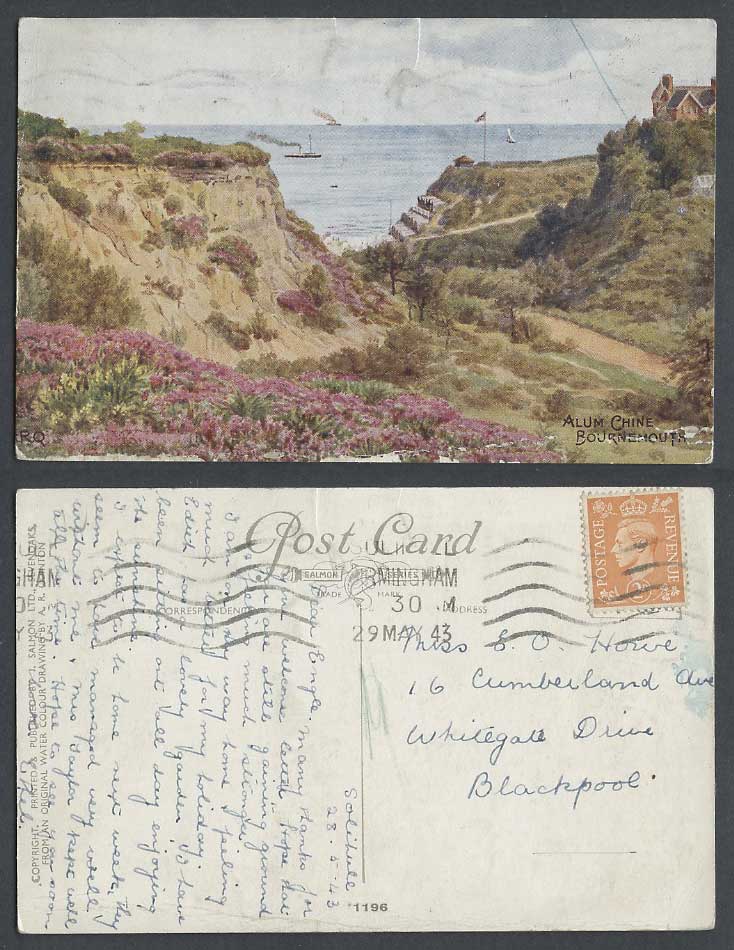AR Quinton 1943 Old Postcard Bournemouth ALUM CHINE Flowers Cliffs Steamers 1196