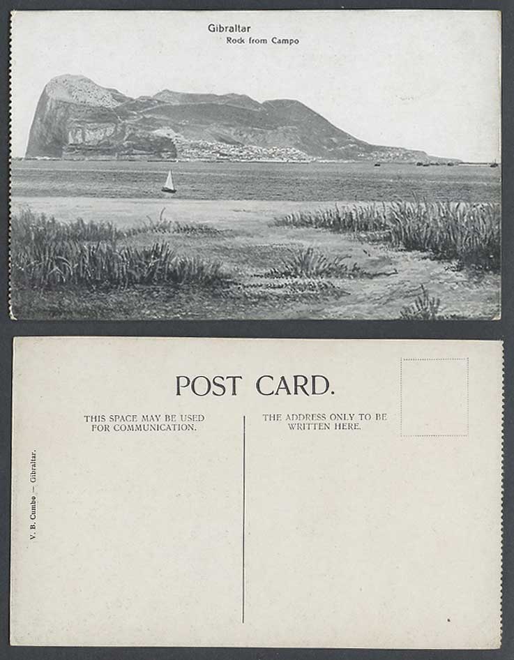 Gibraltar Old Postcard Rock from Campo, Sailing Boat Yacht, Panorama, V.B. Cumbo