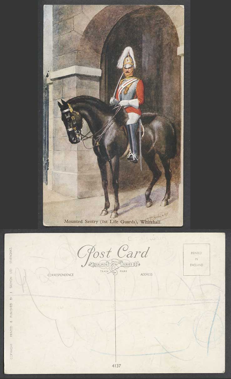 London C.T. Howard Old Postcard Mounted Sentry 1st Life Guards, Whitehall, Horse