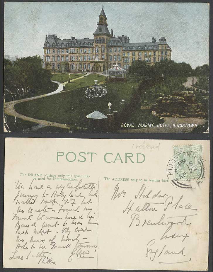 Ireland, Royal Marine Hotel, Kingstown, Co. Dublin 1903 Old Postcard Bandstand
