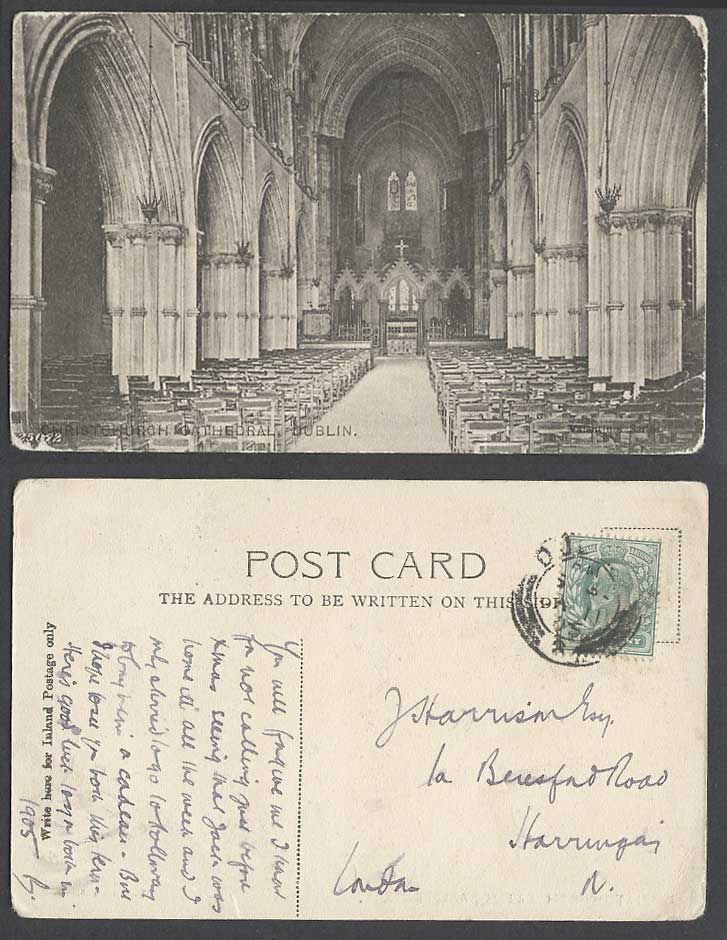 Ireland Dublin 1905 Old Postcard Christchurch Cathedral Interior Cross Nave Tomb