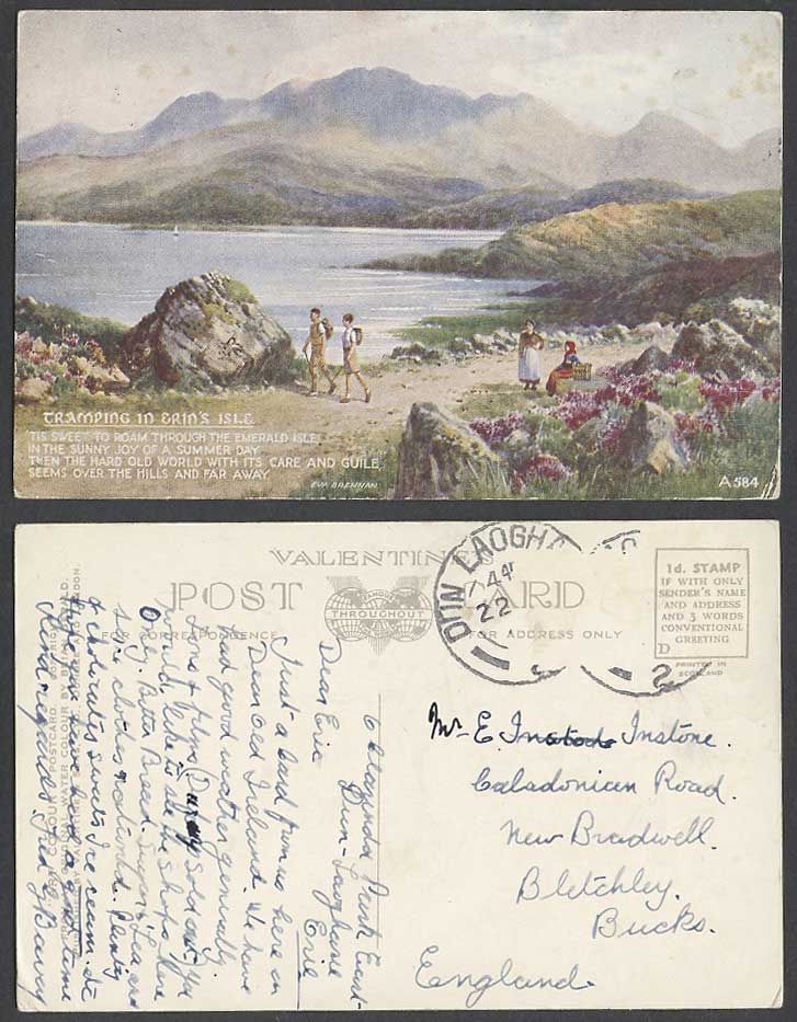 Ireland Brian Gerald Old ART Postcard Tramping in Erin's Isle Lake Hikers Hiking