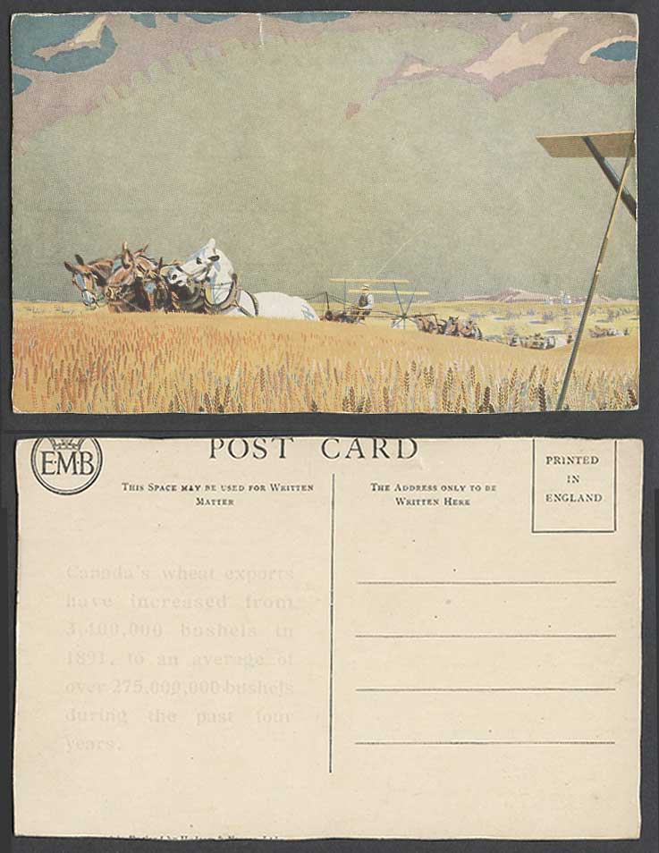 Canada Old Colour Postcard Wheat Field Horses & Farmer at Work, Art Artist Drawn