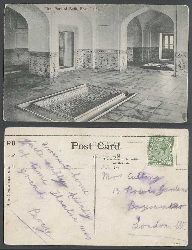 India GB KG5 1/2d 1914 Old Postcard First Part Bath Fort Delhi Emperor Shahjahan