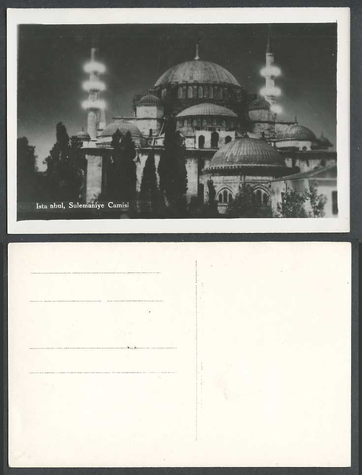 Turkey Istanbul Old Real Photo Postcard Sulemaniyee Suleymaniye Camisi, by Night
