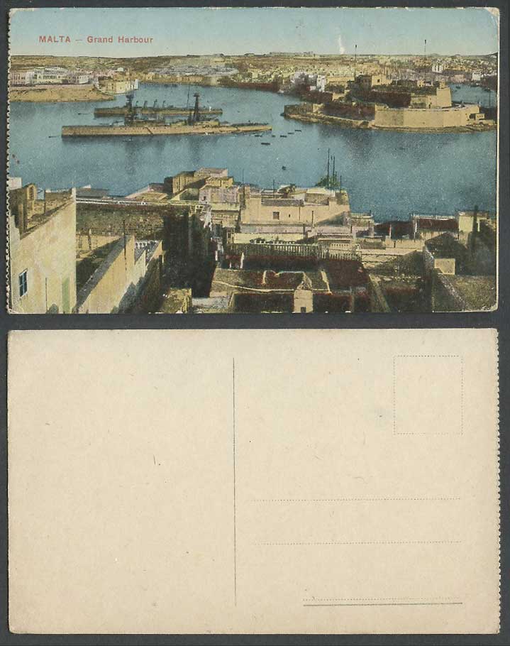 Malta Grand Harbour Old Colour Maltese Postcard Warship Battleship Fort Panorama