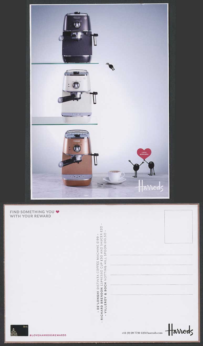 Harrods Rewards Postcard Coffee Machine Expresso Cup & Saucer Notting Hill Spoon