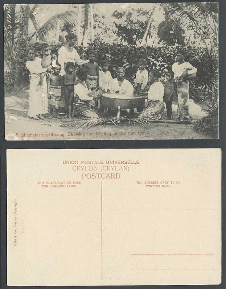 Ceylon Old Postcard A Singhalese Gathering Beating Tom Tom Drum Women Girls Boys