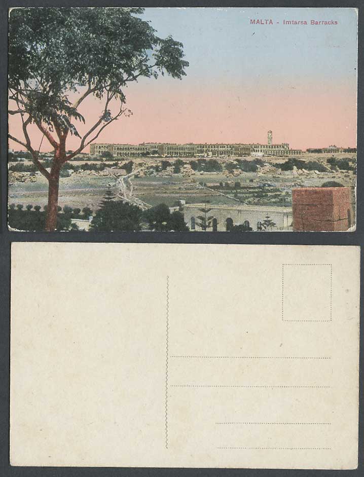 Malta Old Maltese Postcard IMTARSA BARRACKS Military Barrack Panorama and Sunset