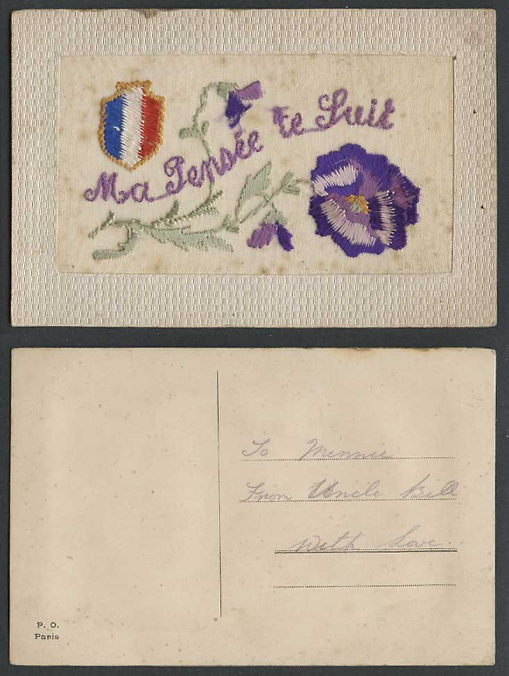 WW1 SILK Embroidered Old Postcard Ma pensee te suit I'm thinking of U Pansy Arms
