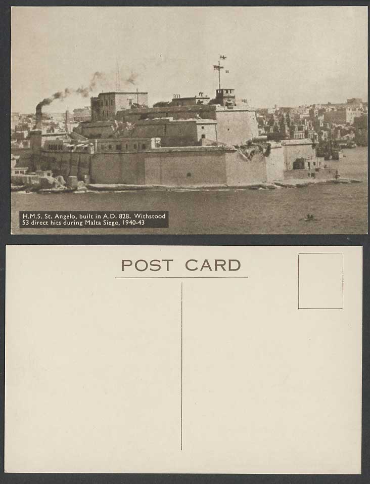 Malta Siege 1940-43 WW2, H.M.S. St. Angelo, Built A.D. 828, 53 hits Old Postcard