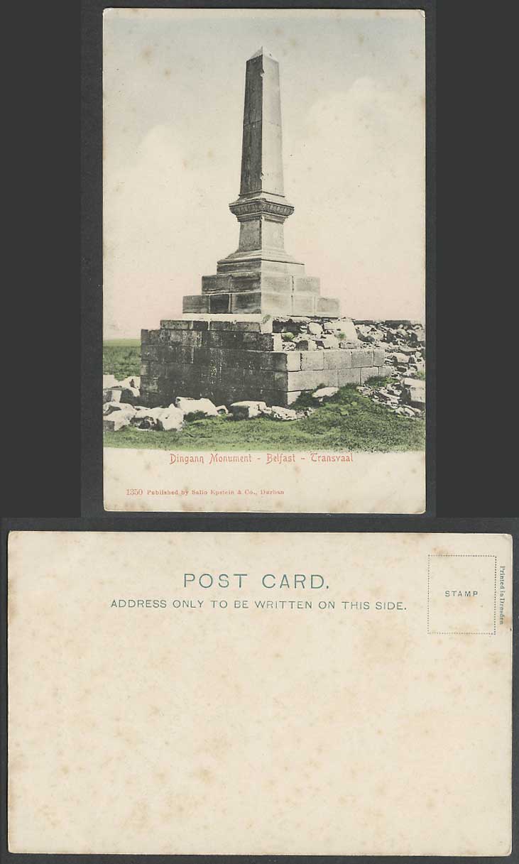 South Africa Dingann Monument Belfast Transvaal Old Hand Tinted UB Postcard 1350