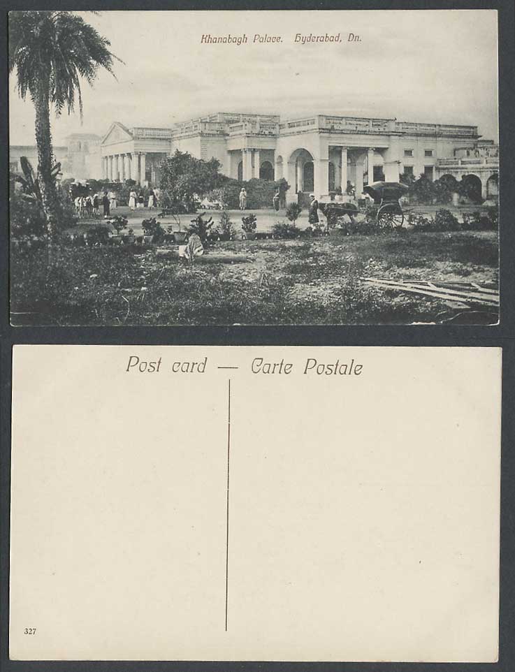 India Old PostcardKhanabagh Palace Hyderabad Dn. Deccan Horse Carriage Palm Tree