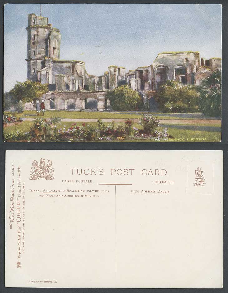 India Old Tuck's Oilette Postcard The Residency Lucknow Ruins Garden Flowers ART