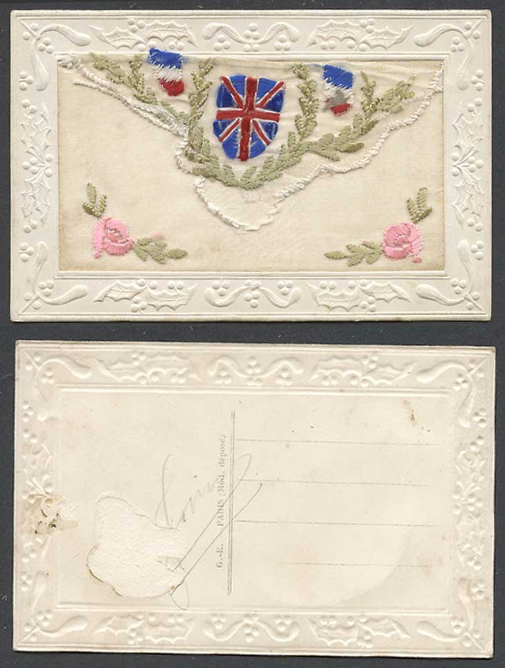 WW1 SILK Embroidered Old Postcard French Flags British Flag Coat of Arms Flowers