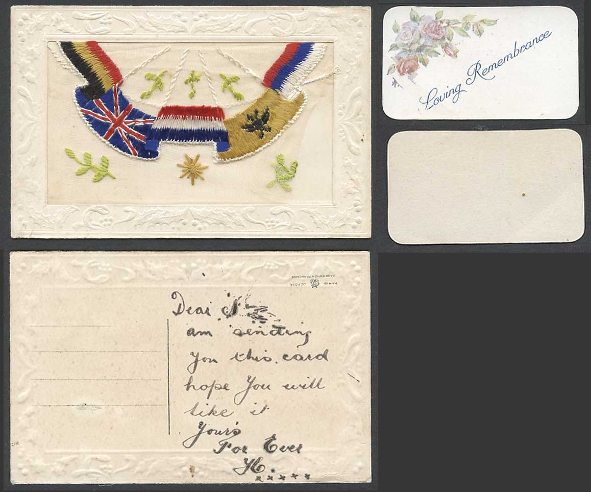 WW1 SILK Embroidered Old Postcard Flags Loving Remembrance Greetings Wallet Card
