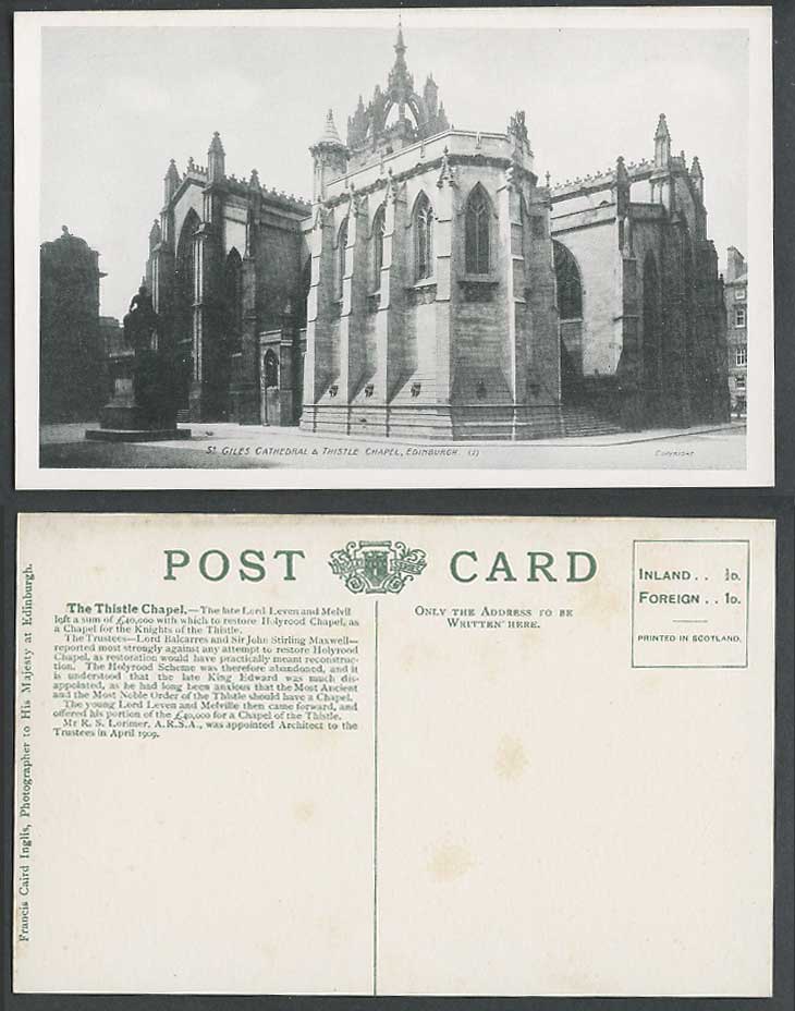 Edinburgh Old Postcard St. Giles Cathedral Thistle Chapel Church Statue Monument