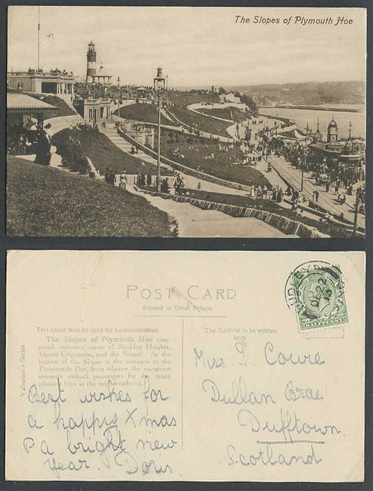 Slopes of Plymouth Hoe Lighthouse Clock Tower Street Bandstand 1913 Old Postcard