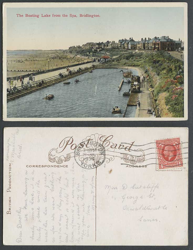 Bridlington 1936 Old Postcard Boating Lake from The Spa, Boats, Beach, Yorkshire