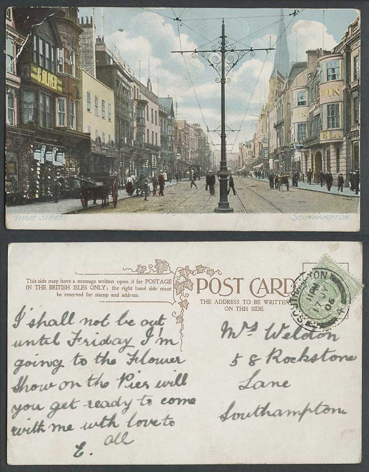 Southampton High Street Scene Hampshire 1906 Old Colour Postcard Tramlines Shops