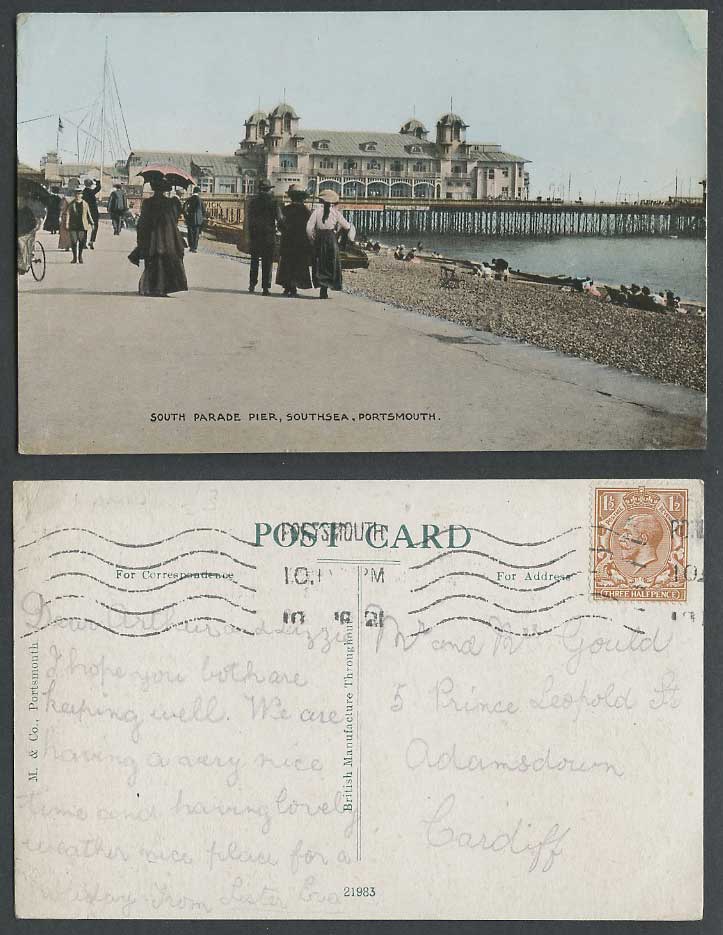 Portsmouth, Southsea, South Parade Pier 1921 Old Colour Postcard Beach and Boats