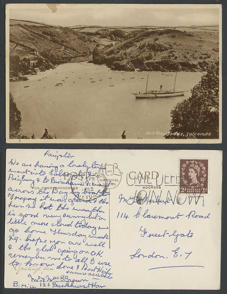 Salcombe, Mill Bay Sands 1955 Old Postcard Beach Steamer, Civil Defence Join Now