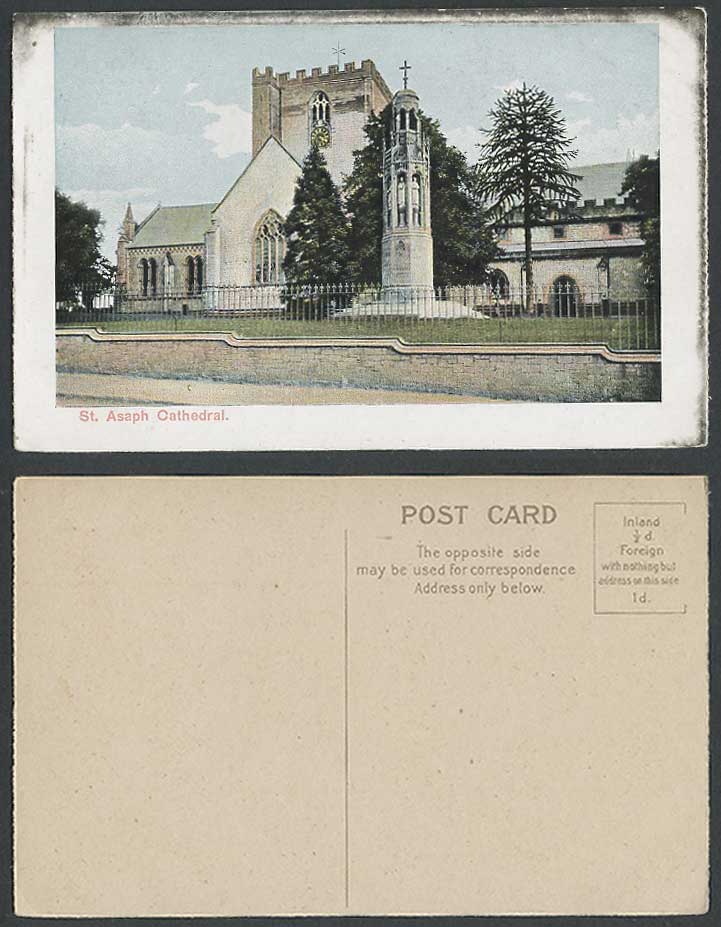 St Asaph Cathedral Clock Tower Cross Monument Memorial Denbighshire Old Postcard