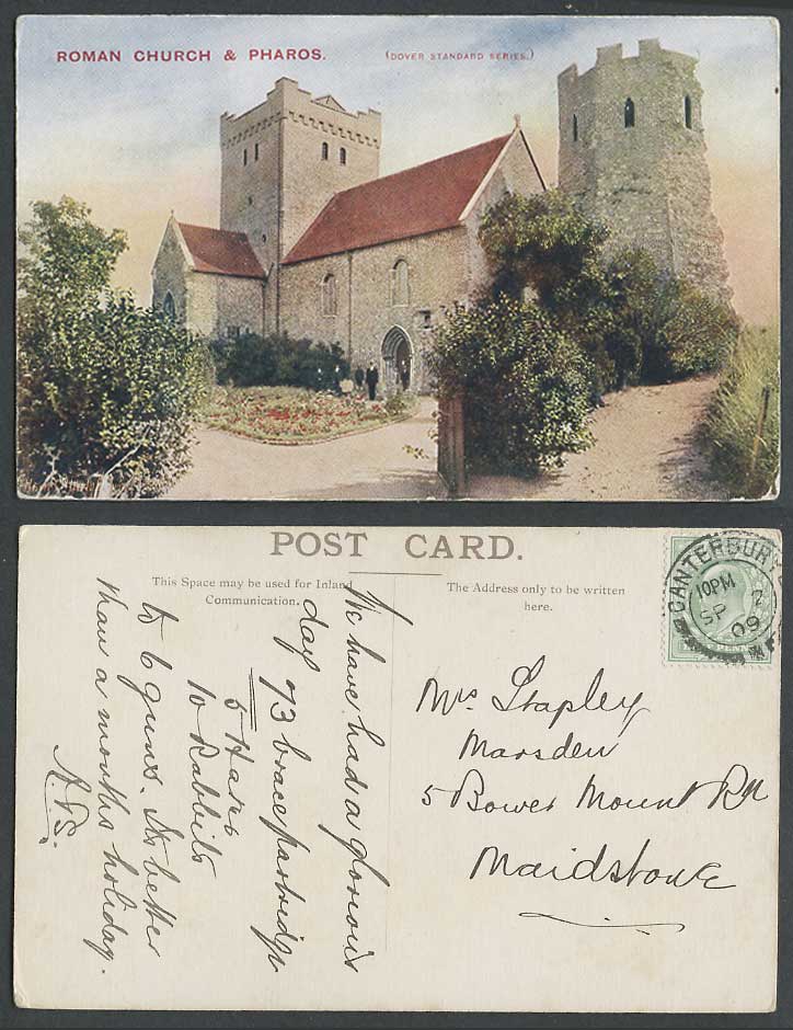 Dover Kent Roman Church Pharos 1909 Old Colour Postcard Gardens Lighthouse Tower