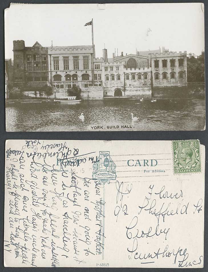 York, Guild Hall, KG5 1/2d. Old Postcard British Flag Swan Bird Swans Birds Boat