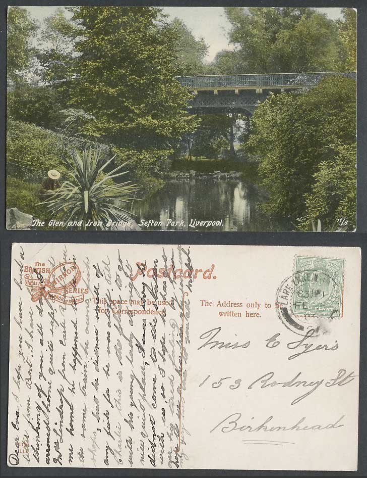 Liverpool 1908 Old Colour Postcard The Glen, Iron Bridge Sefton Park River Scene