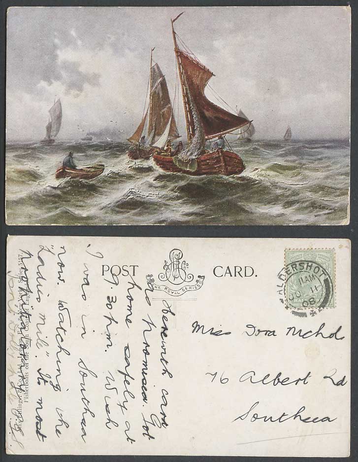 Fishing Fisher Boats on South Coast of England, Artist Signed 1908 Old Postcard
