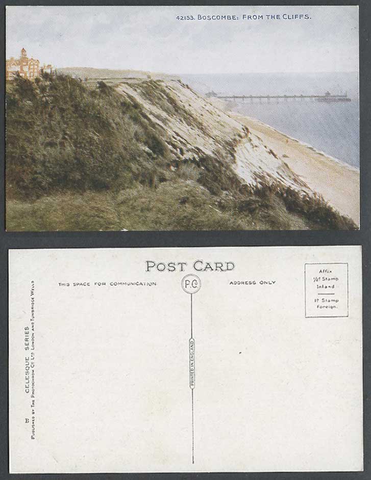 Boscombe from The Cliffs, Pier Jetty Dorset Old Colour Postcard Seaside Panorama