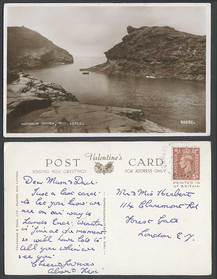 Boscastle, Harbour Mouth, Rocks Panorama KG6 2d Old Real Photo Postcard Cornwall